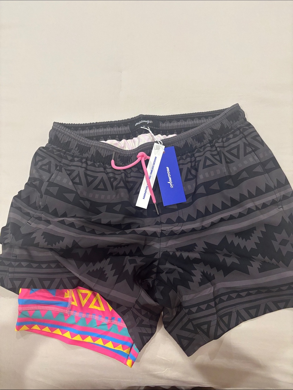 Men’s Black Aztec Print Swim Shorts with Pink Accent